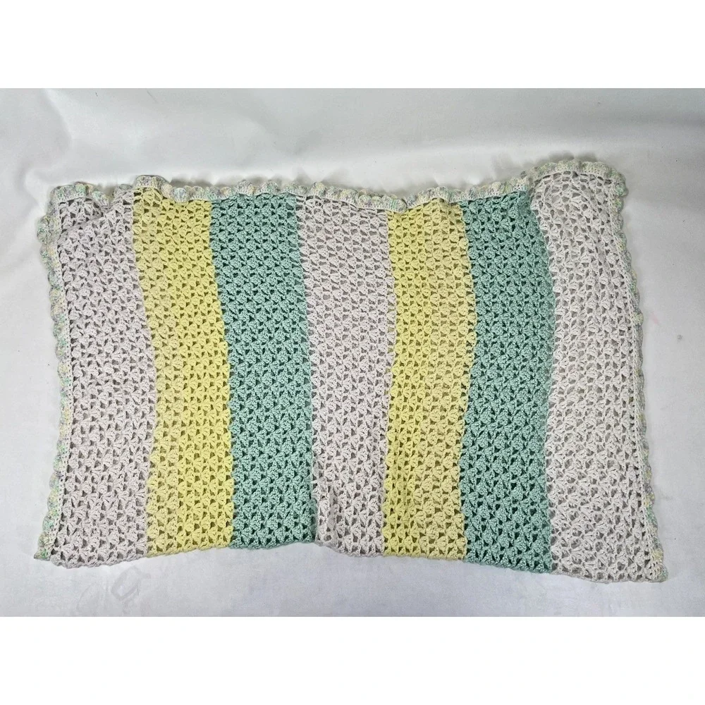 Baby Crochet Afghan Blanket‎ Pastel Striped Green Yellow White 56x48
